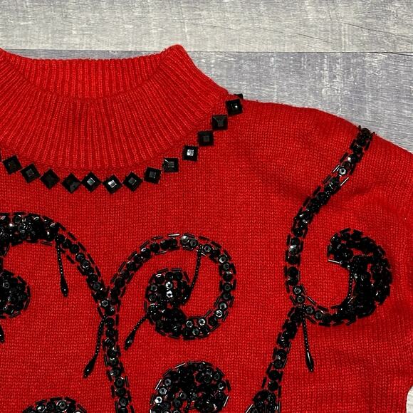 Vintage Sheridan Square Red Silk Wool Blend Tunic Sweater Womens M Beaded Sequin - Picture 2 of 7